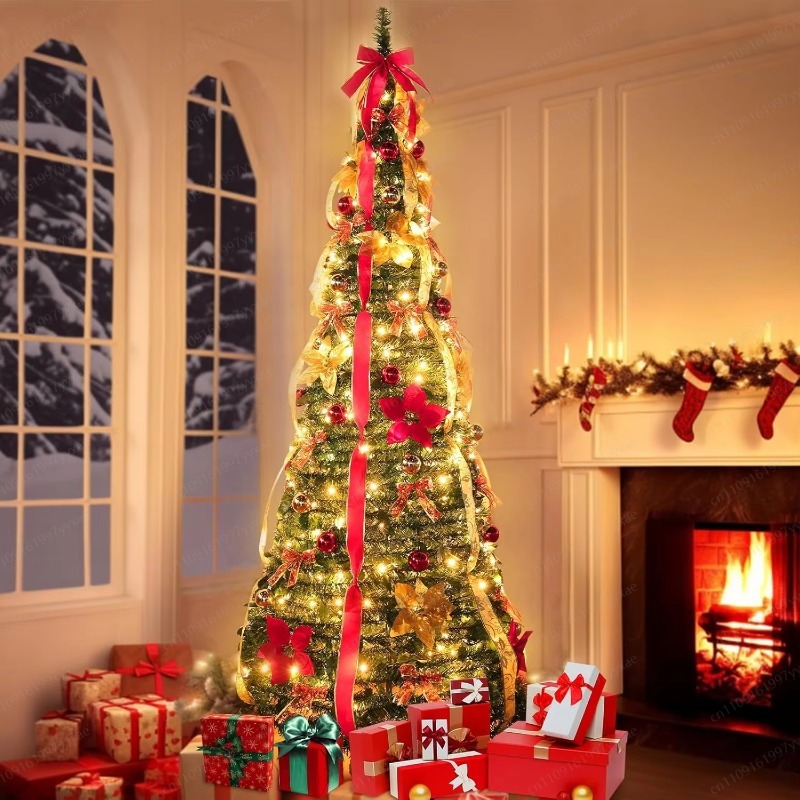 Home Decor Xmas Tree - 180CM Pre‑Lit Foldable Christmas Tree, 200